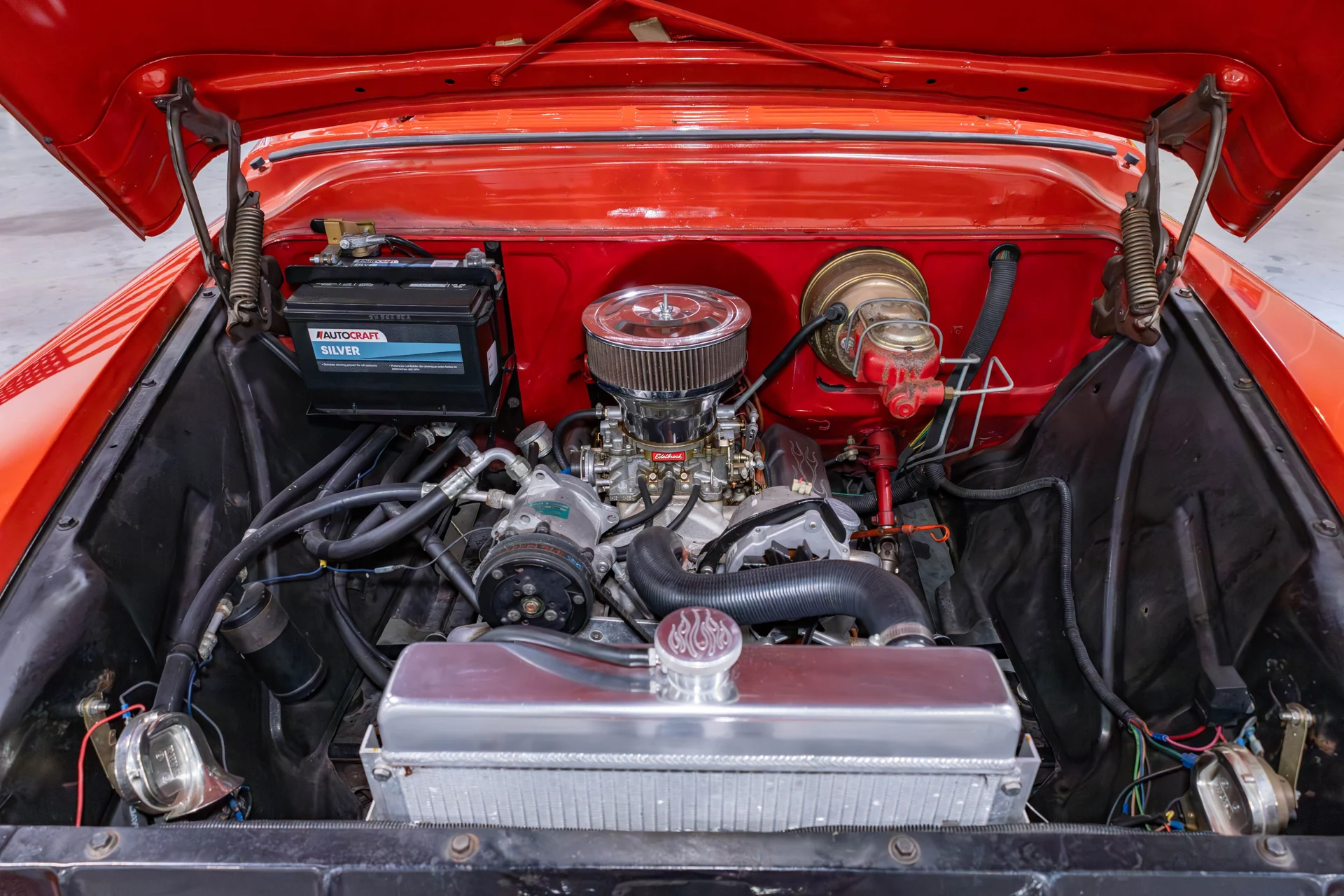 Engine bay of the 1955 Chevrolet 3100