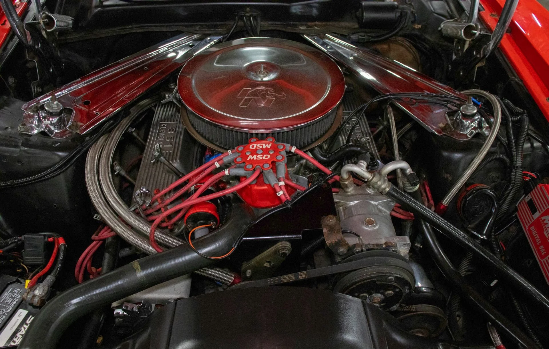 Engine bay of the 1973 Ford Mustang Mach 1